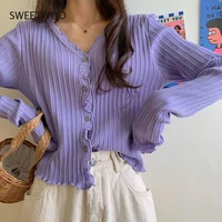 2021 korean short sweater women v neck thin cardigan fashion long sleeve button slim knitted sweater sun protection cropped top