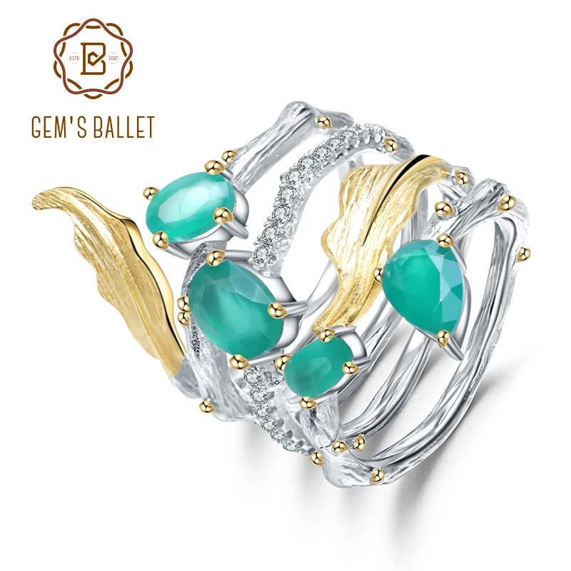 Женское кольцо с натуральным зеленым агатом GEM'S BALLET серебряное 2 26 карат