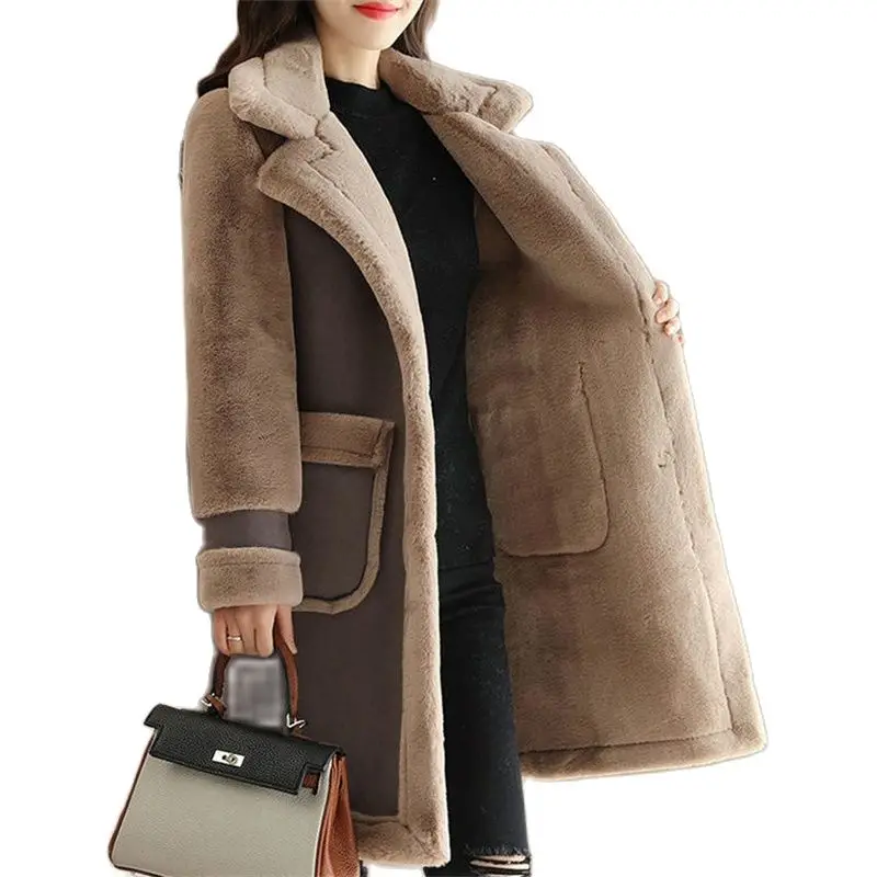 

Women New Mid-length Plus Velvet Imitate Lamb Wool Coat Female Winter Splicing Thick Loose Deerskin Frosted Velvet Fur Coat A922