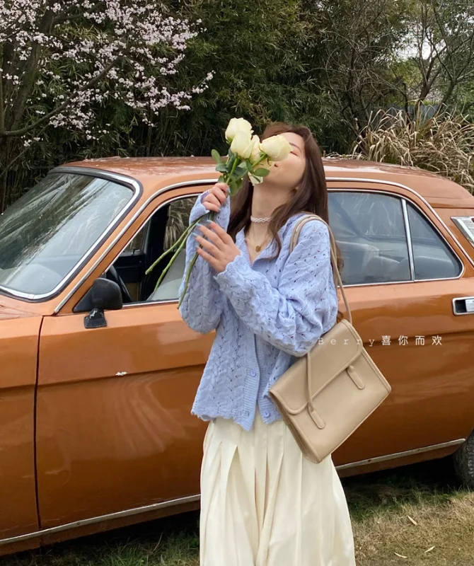 Новый Кремовый синий свитер Кардиган нежный тонкий| |