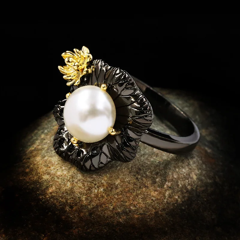 NPKDS Vintage Jewelry 925 Sterling Silver Baroque Pearl Rings for Women Wedding Engagement Bride Black Gold Fine | Украшения и
