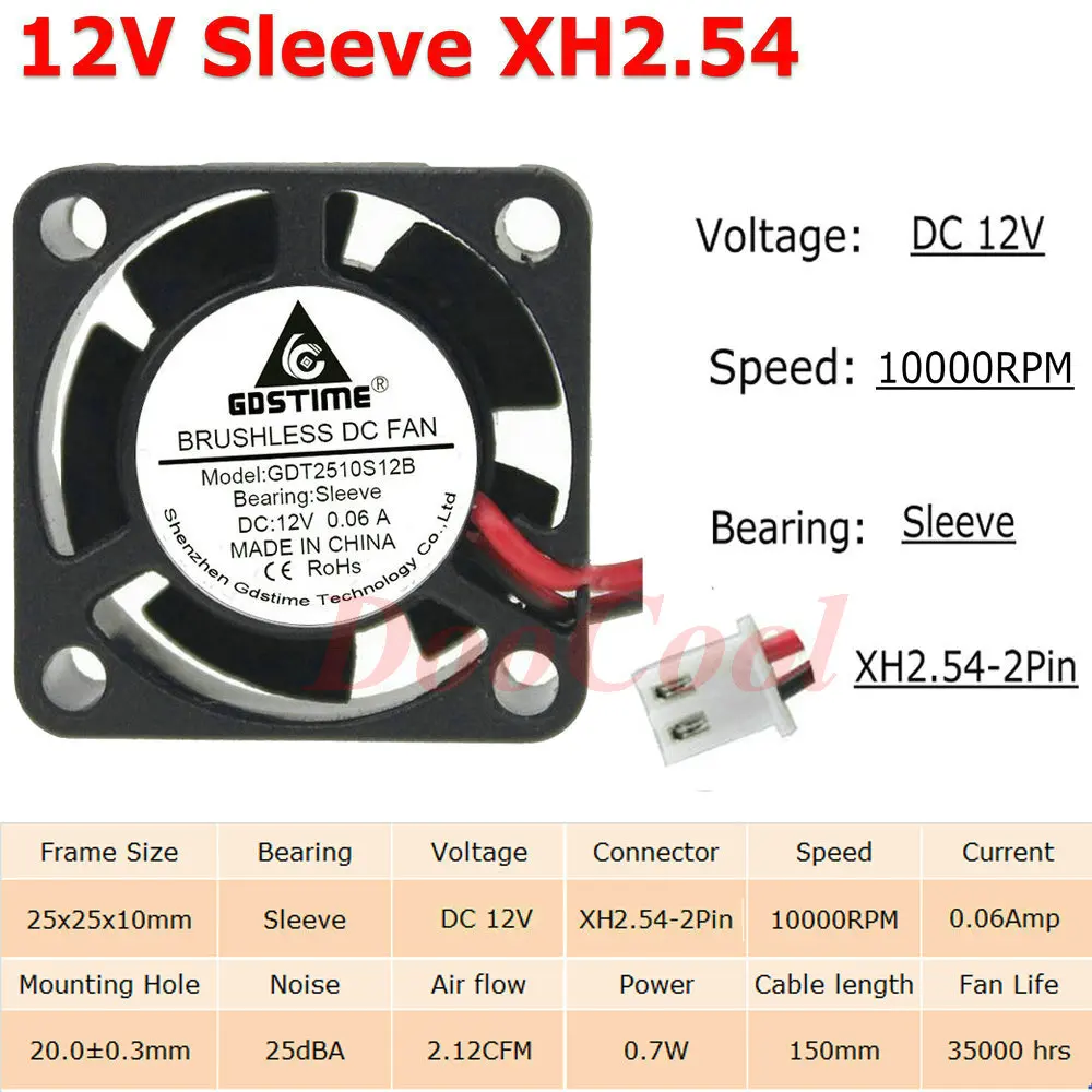 12V Sleeve XH2.54 5 шт. Gdstime с фокусным расстоянием 25 мм 25x25x10 мм 2Pin JST Dupont 5 В, 12 В, 24 В постоянного тока, 2510 рукав Шаровая Опора радиатора мини Бесщеточный Охлаждающий вентилятор Cooler - Цвет лезвия: 12V Sleeve XH2.54