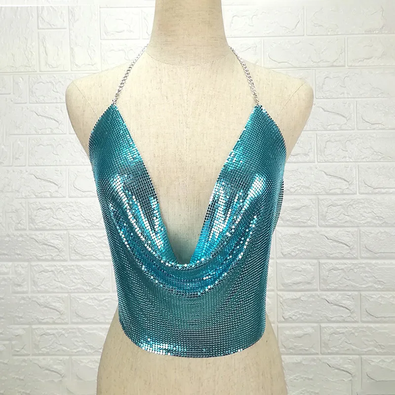 

2021 Sexy Backless Sequin Women metal Tops Halter Tank Top Party Club Camis Summer Beach Cropped Bra Top Strap Ladies