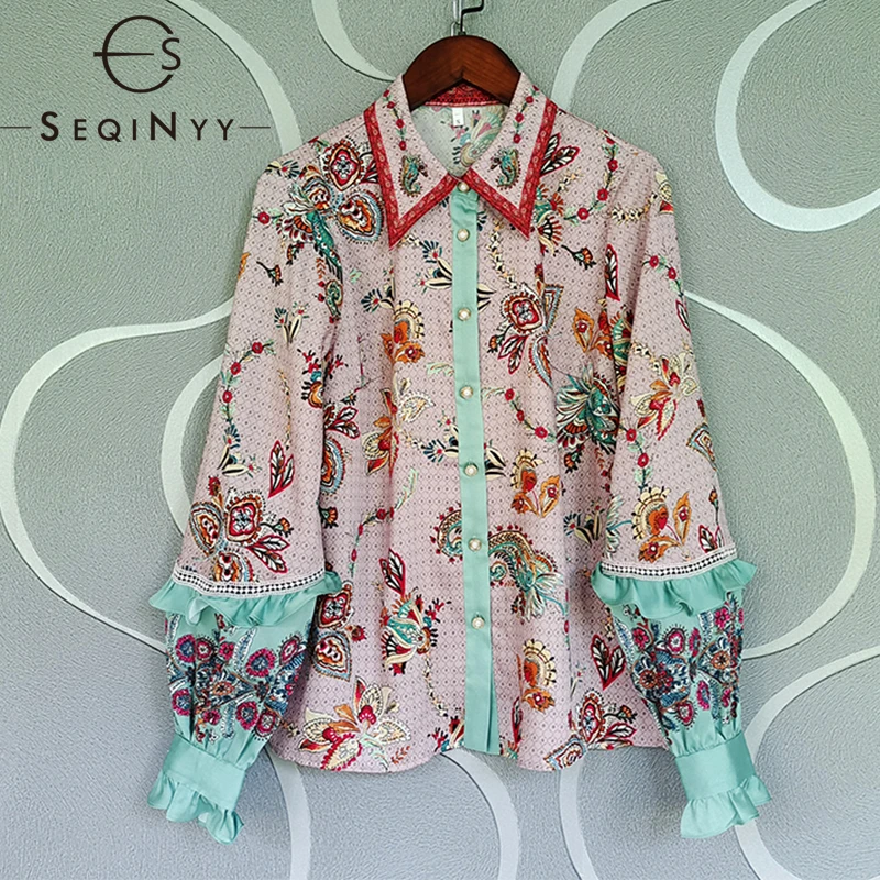 

SEQINYY Vintage Shirt Summer Spring New Fashion Design Women Runway Flowers Print Bohemian Ruffles Top