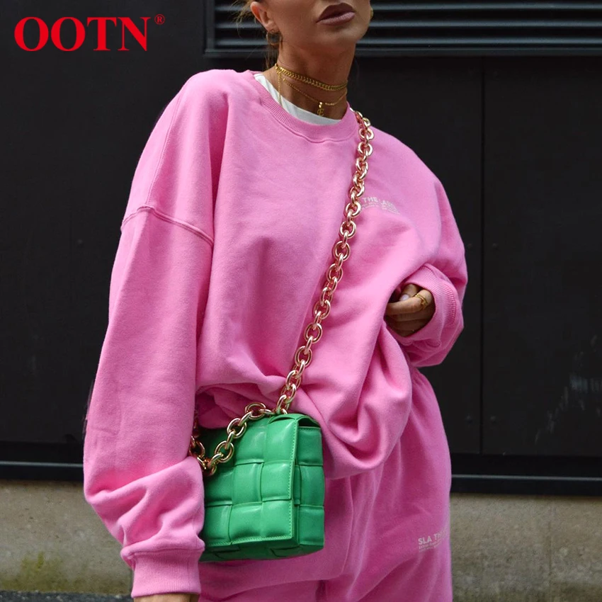 

OOTN Streetwear Oversized Sweatshirt Set Women Knitted Sportpants Suit Casual Pink Pullover Autumn Winter Two Piece Set Ladies