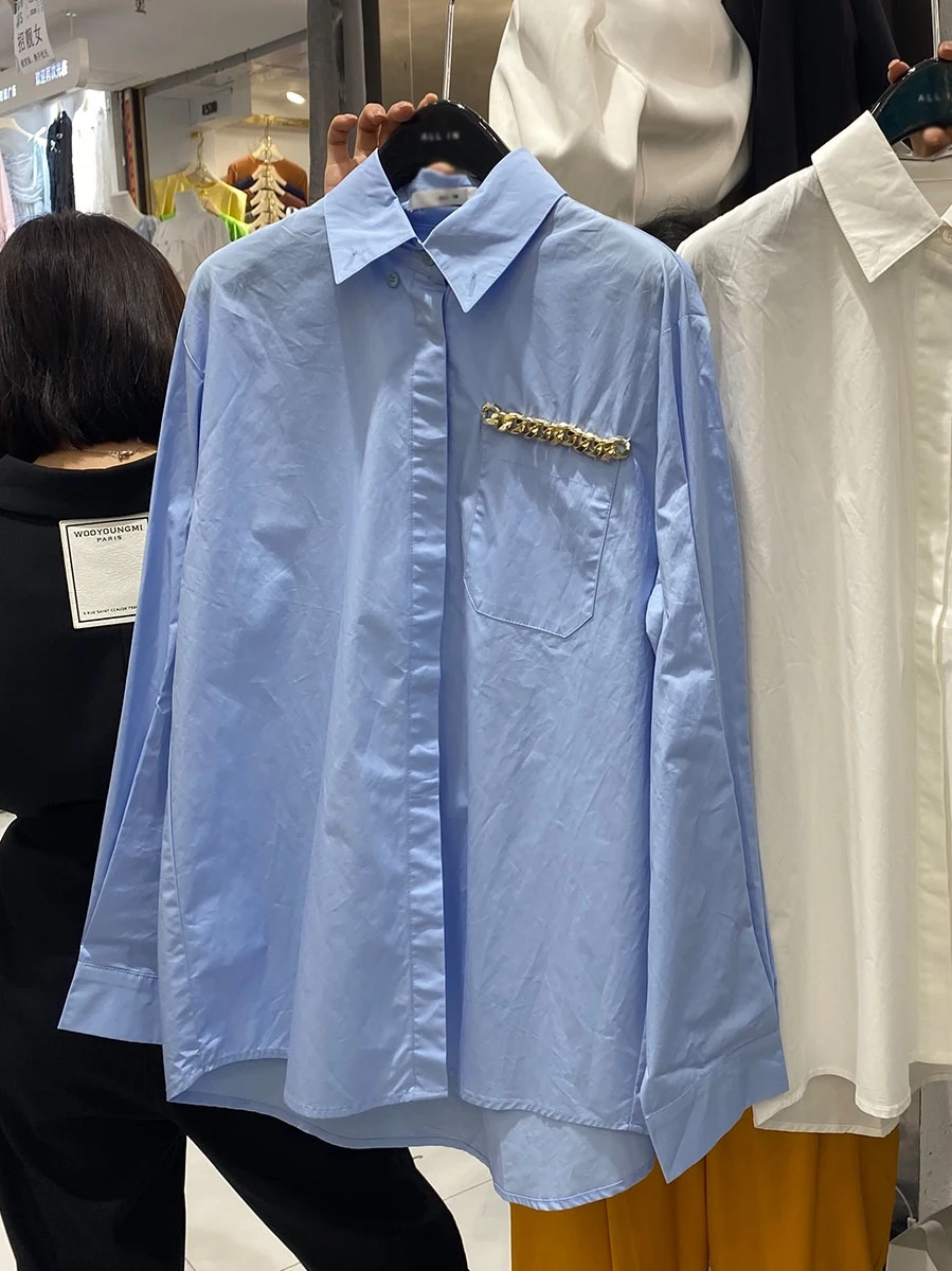 

Solid Color High Street Chain Decoration Neutral Boyfriend Style Loose Simple Casual Early Spring Shirt Top for Women