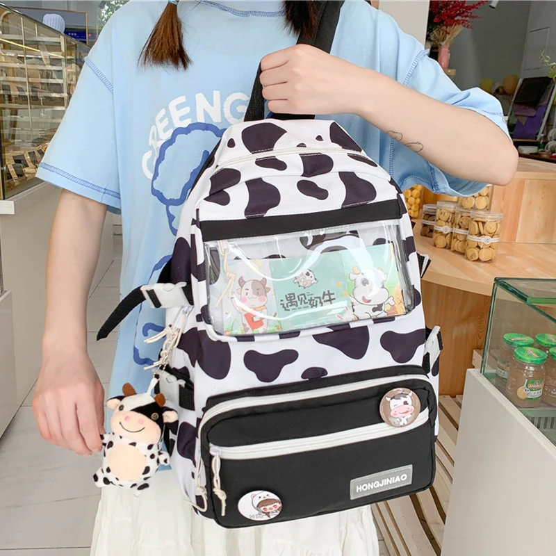 

Cow Backpack for Women Student Nylon School Bags Girls Large Capacity Bagpack Korean Style Lady Bookbags Female Rucksack Mochila
