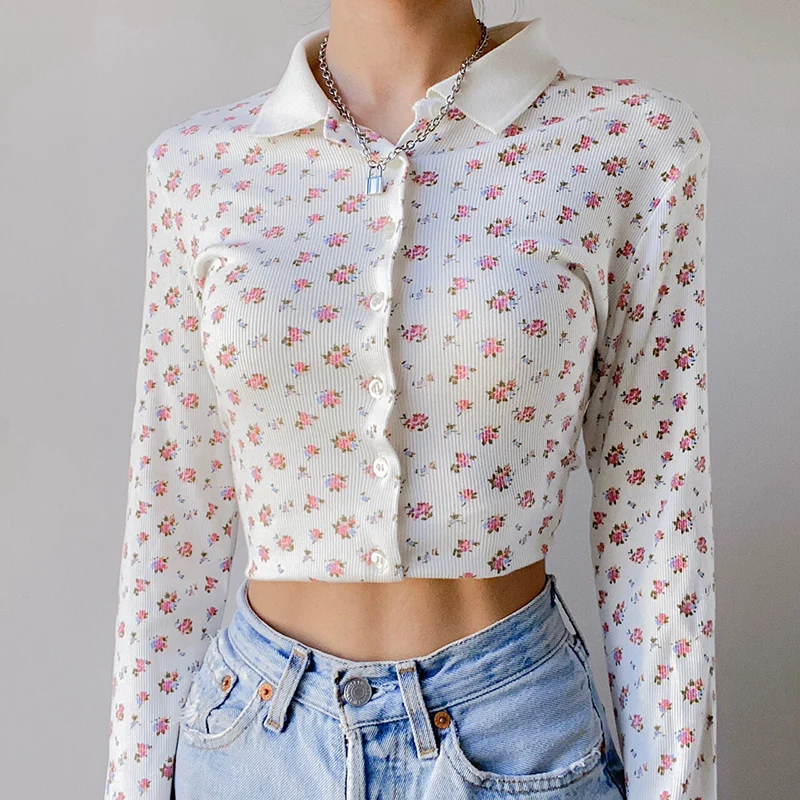 

Rapwriter Vintage Floral Printed Crop Top Single Breasted Cardigan Autumn Long Sleeve Tshirt 90S Turn Down Collar Tee Streetwear