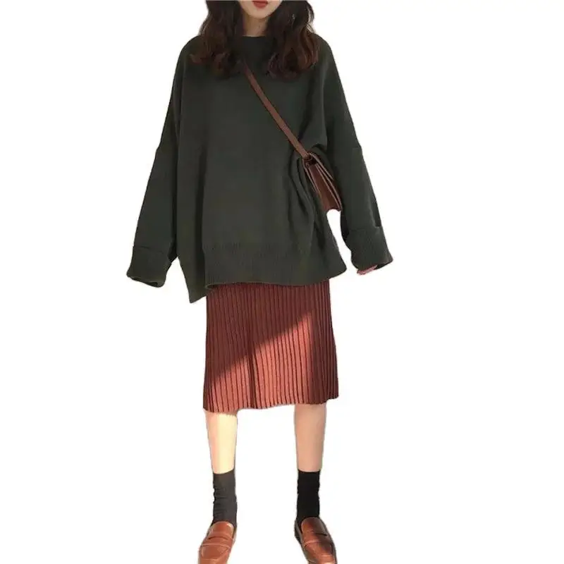 

Autumn New Loose Sweater Skirt Suit Popular O-Neck Lantern Sleeve Knitted Skirt Fashion Two-piece Suit Conjunto Sudadera Mujer