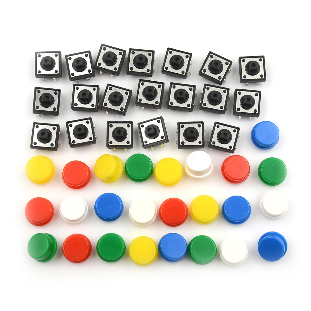 

20pcs Tactile Push Button Switch Momentary 12*12*7.3MM Micro Switch Button + 5 Colors Tact Cap for DIY Kit