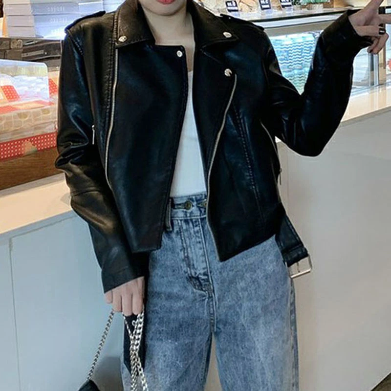 Мотоциклетная Осенняя кожаная куртка женская черная красная желтая зеленая