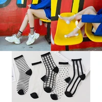 spring and summer thin glass fiber transparent fashion ladies lattice crystal sexy tube socks cute black and white college style