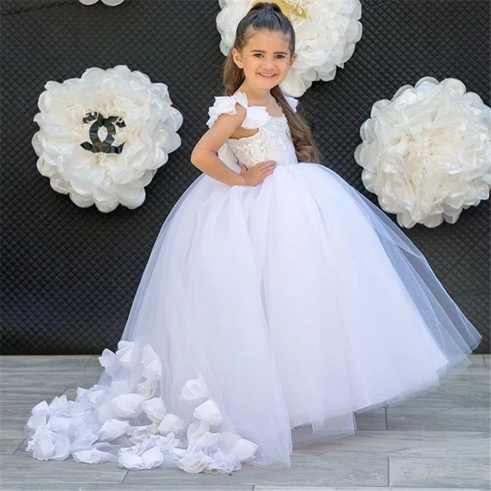 

White Petal Ball Gown Backless Ruffles Princess Flower Girl Dresses Birthday Pageant Communion Robe De Demoiselle Baby Party