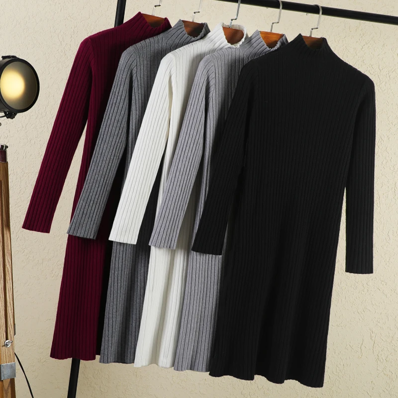 

Knitted Clothes 2022 Winter Sweater Dress Female Casual Women's Dresses Ladies Basic Robe Korean Fashion Clothing Elegant Black
