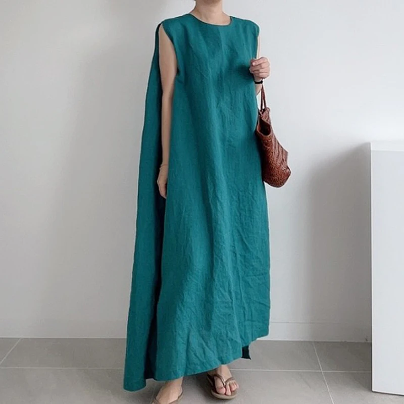 

Sannian Women Dress 2021 New Summer Simple Fashion Round Neck Solid Color Long Loose Sleeveless Vest Dresses Ladies Clothes