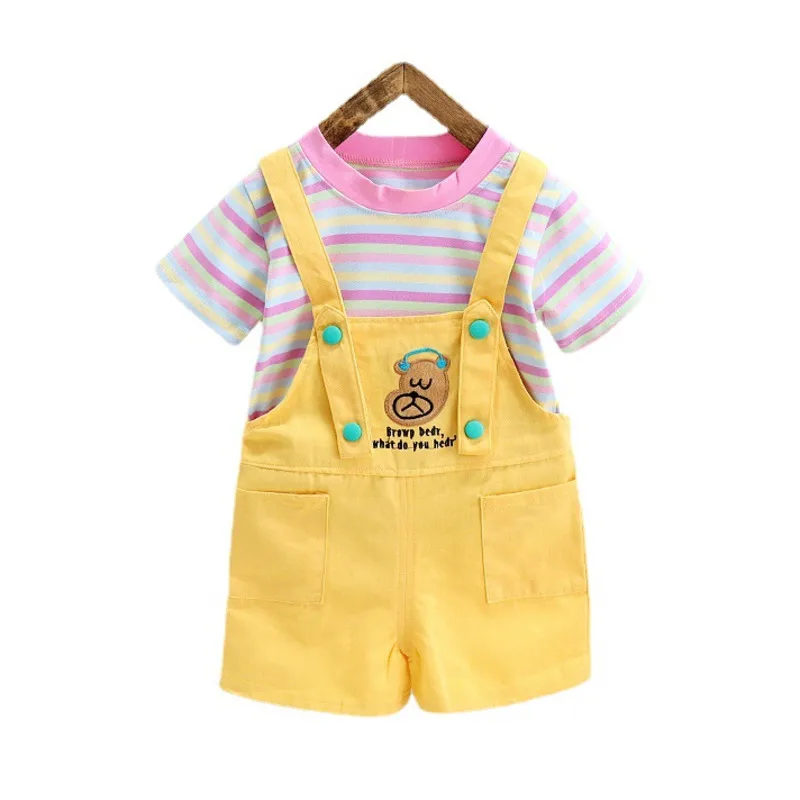 

Новинка, летняя одежда для маленьких девочек, костюм, детская Милая модная футболка, комбинезон, 2 шт./компл., спортивный костюм для малышей, наряды, детские спортивные костюмы