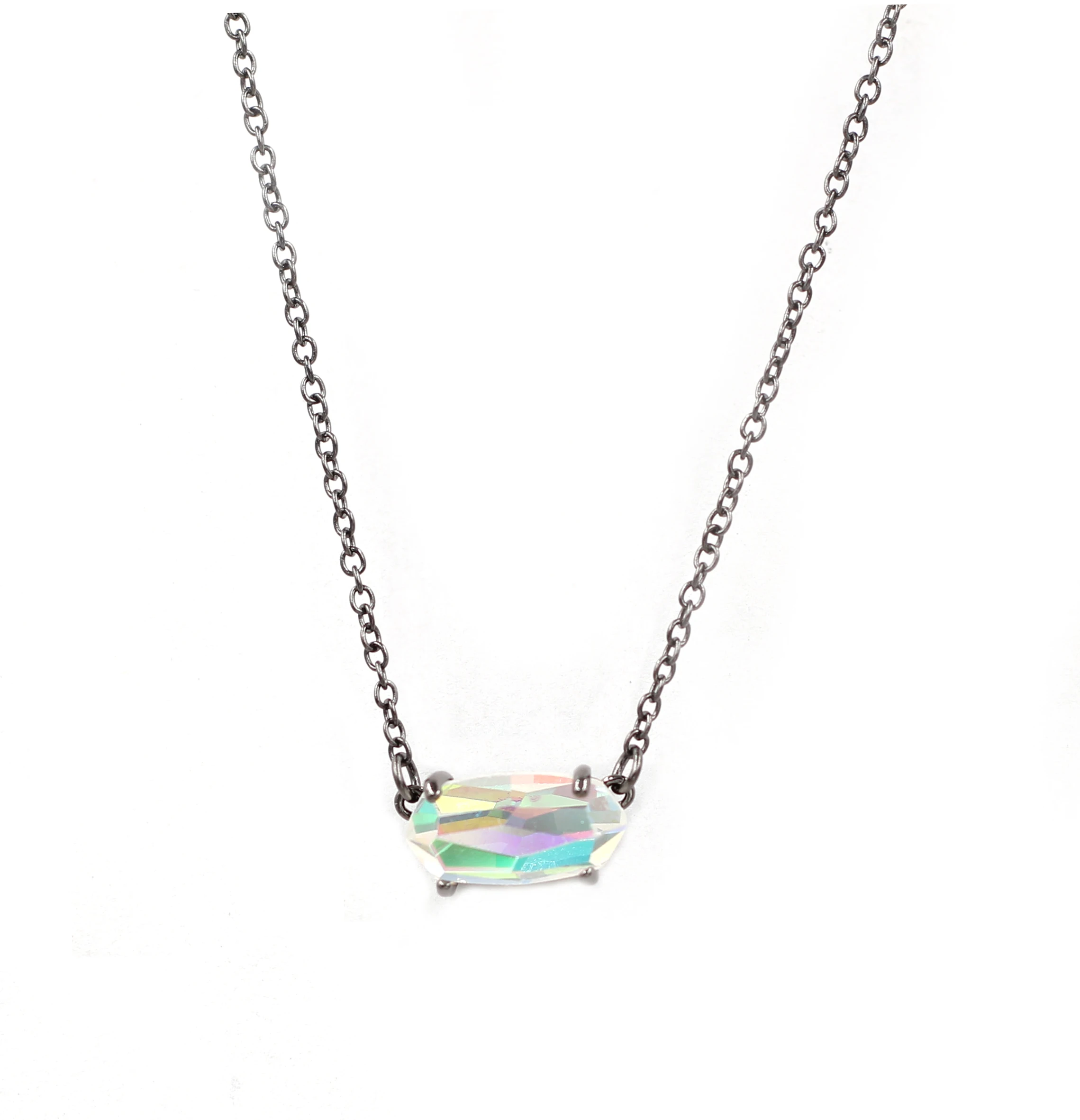

2020 New Fashion Inspired Black Tone Small Oval Faceted AB Dichroic Crystal Stone Pendant Necklace for Women