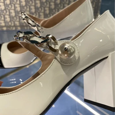 

Hot Retro Lady Mary Janes Shoes Square-heel Round-toe Mixed Color Elegant Pumps Buckle Strap Pearl Med Shoes For Spring Autumn