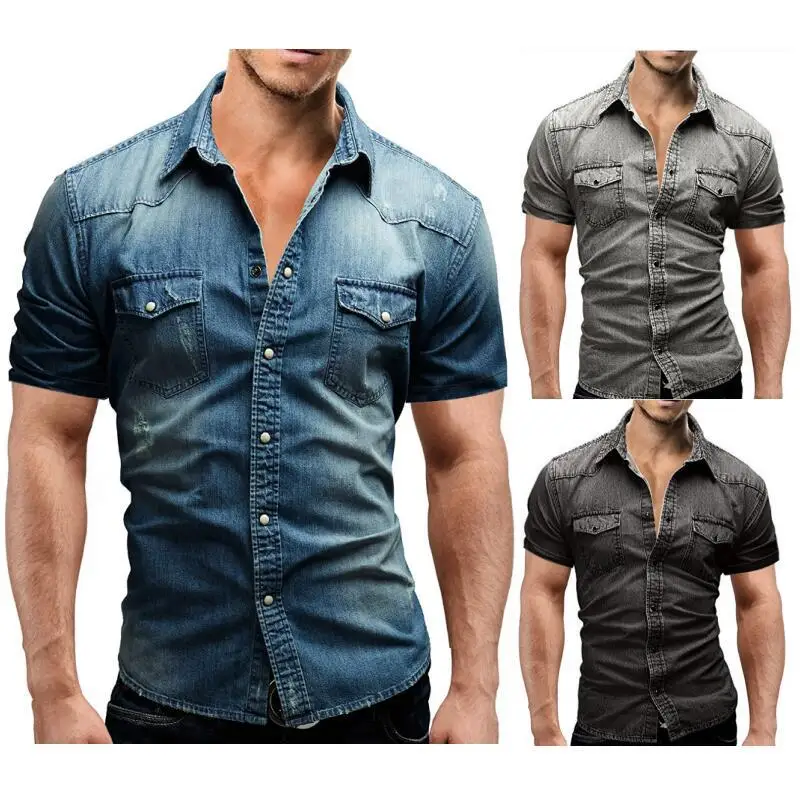 

Men Spring Summer Denim Thin Shirt Short Sleeve Soft Cotton Two Pockets Slim Slight Elastic Jeans Cowboy Shirt Clothing