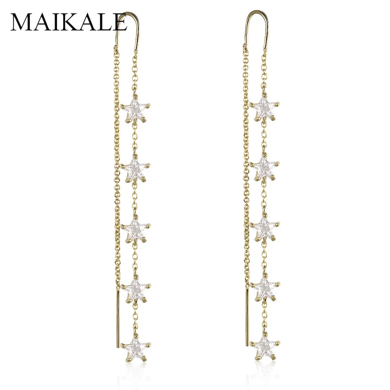 MAIKALE, новинка, модные длинные женские серьги с пентаграммой, звездой, цирконием, золотого и серебряного цвета, серьги-цепочки с кисточками, корейские ювелирные изделия, подарки
