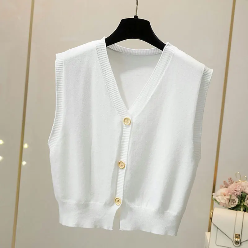 

Knitting Sweaters Autumn Vest Sleeveless Korean Short V Neck Knitted Femme Solid Single Breasted Batton Loose Knitwear Female
