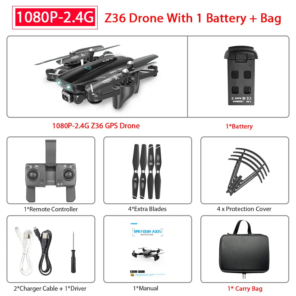 ZWN Z36 gps Квадрокоптер с 720 P/1080 P/4 K HD камерой Rc вертолет gps с фиксированной точкой wifi FPV Дрон следуй за мной режим vs SG900-S E520S - Цвет: 1080P-2.4G 1B Bag