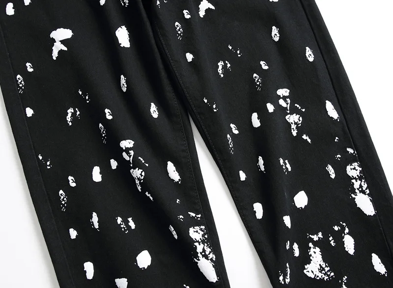 

2021 Men's Style New White Dots with Blacl Color Printed Hole & Patch Jeans Elastic Slim Fit Slimming Skinny Trousers