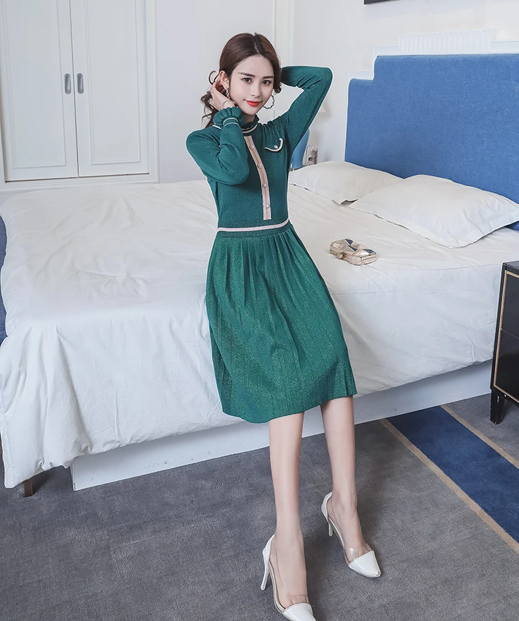 2019 Newest Autumn Women Green Knitting Pleated Long Dresses Vestidos High Quality Womans Flare Sleeve Runway Dress XL | Женская одежда