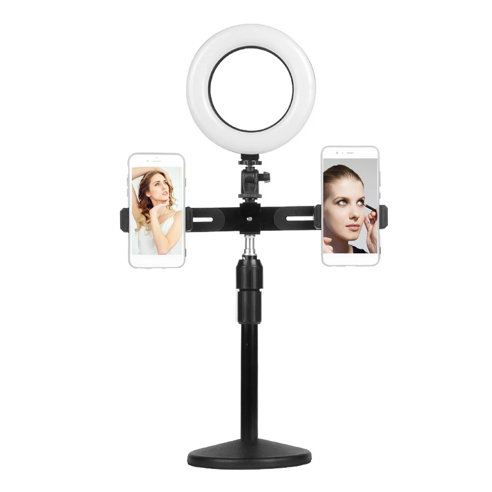 

6 Inch Mini LED Video Ring Light Lamp Dimmable 3 Lighting Modes Dual Phone Holder Bracket Desktop Light Stand for Live Streaming