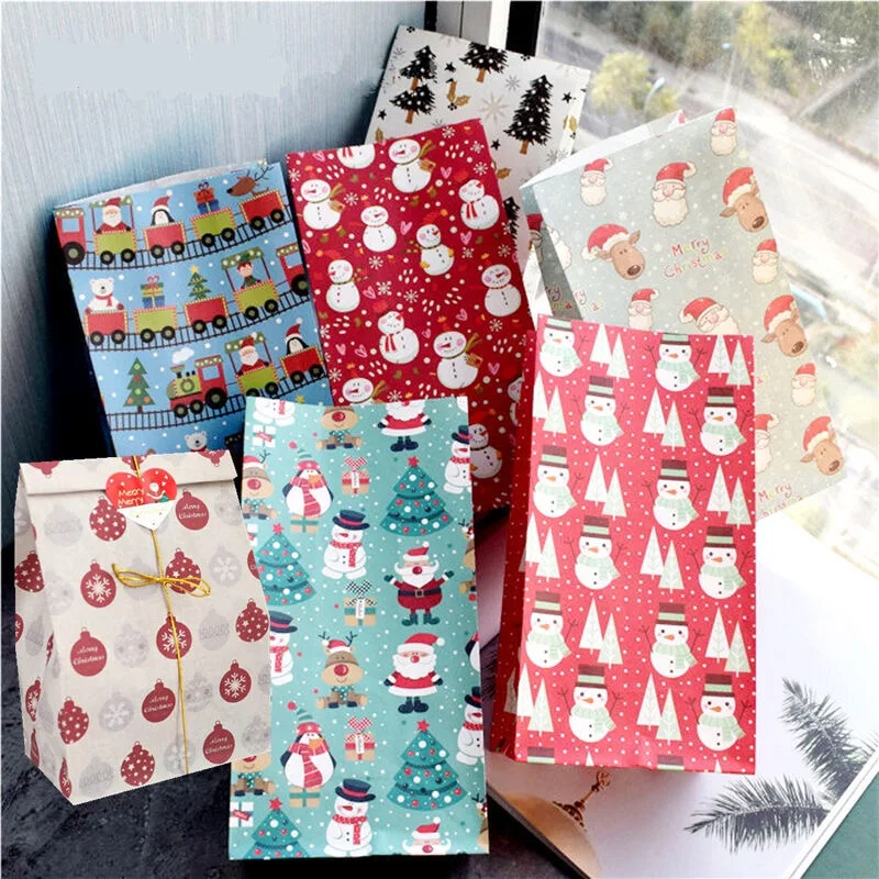 

10pcs Paper Package Bag Christmas Gift Wrapping Bags New Year Party Candy Cake Cookies Bag Pouch Snowflake Santa Pattern