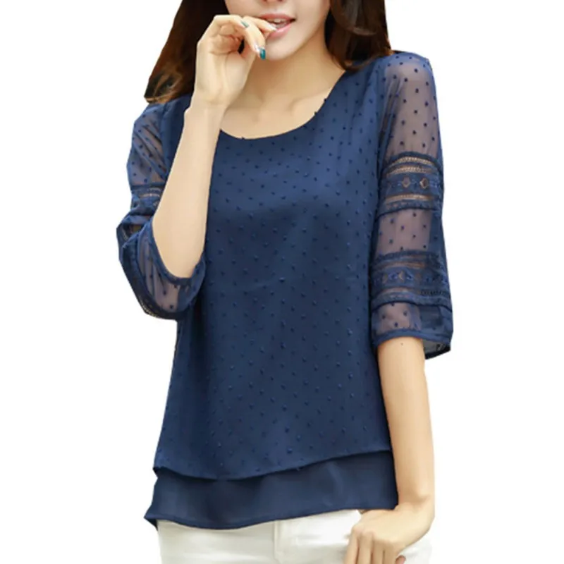 

Women's Chiffon Lace Blouse O-Neck Half Sleeve Hollow Out Shirt Female Fashion Blouse