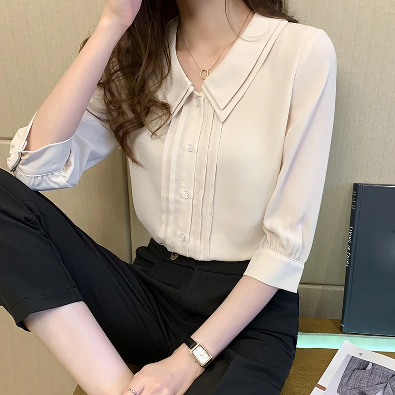 

Summer Lantern Sleeve Chiffon Shirt Women Casual Short Sleeved Single-Breasted Blouse