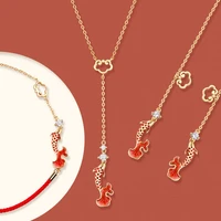2021 new women ruyi koi jewelry sets auspicious clouds ear line necklaces bracelet red enamel koi pendant choker 925 silver