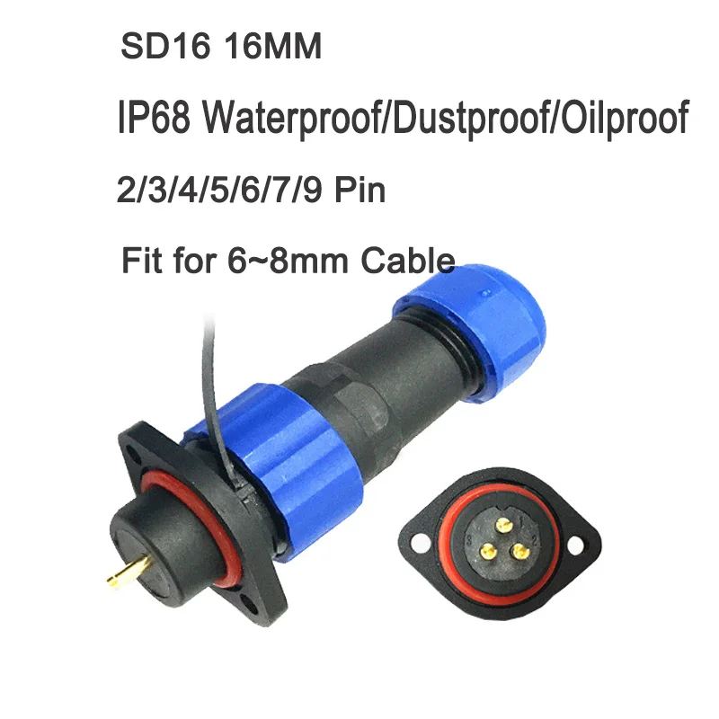 

10sets/lot IP68 Waterproof SD16 Flange Aviation Plug Socket Male + Female 2/3/4/5/6/7/9 Pins IP68 SP16 M16 16mm Connector
