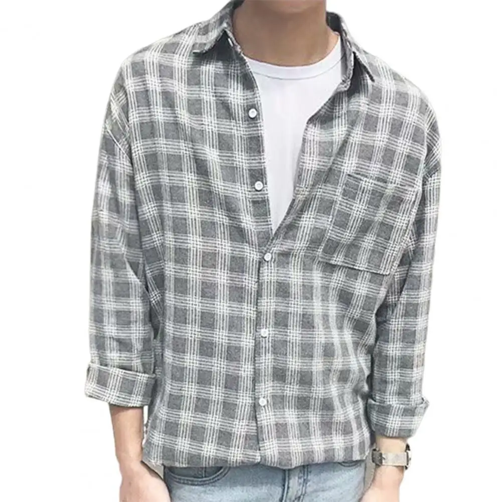 

Summer men Shirts Fashion Men Shirt Turn Down Collar Long Sleeve Plaid Pattern Single-breasted Men Streetwear Office Shirt Top