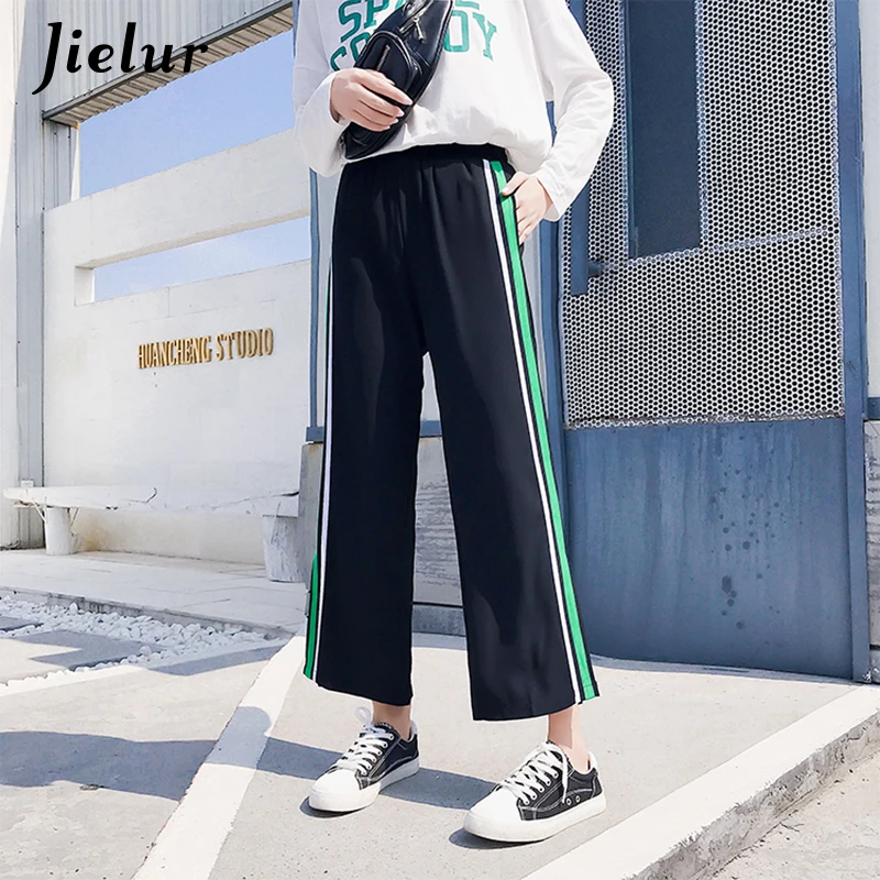 Jielur Autumn Loose Split Casual Korean Women Pants White Red Green Striped Hipster Wide Leg Straight Classic Trousers XXL | Женская