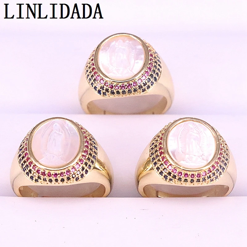 

6Pcs Top Quality Fashion Gold color jewelry Virgin Mary shell rings,Natural shell cuff rings,Pave rainbow cz Jewelry Finger ring