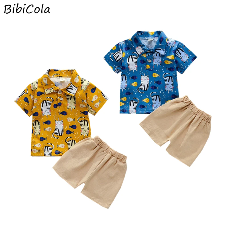 

Toddler Baby Boys Clothes Cartoon Cat T-shirt Tops Khaki Shorts Casual Set Kids Outfits For Infant Outfit Suit 0-4 Years Boys