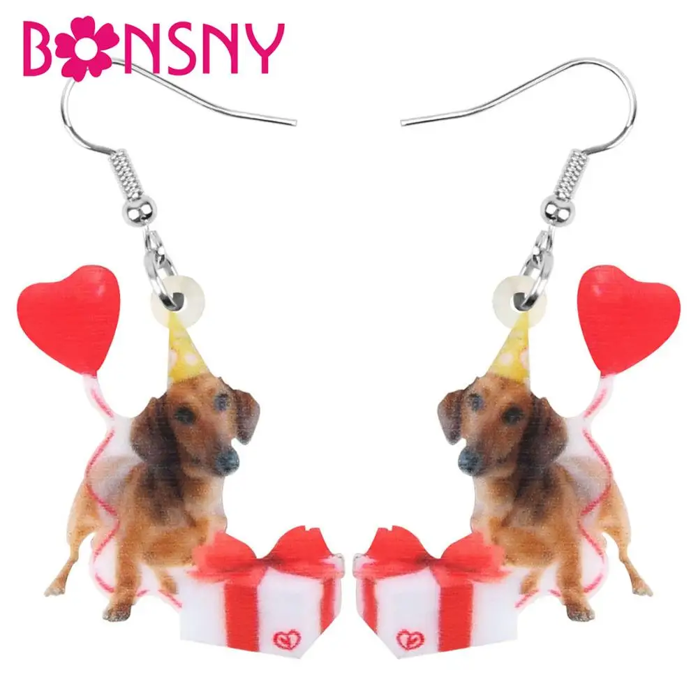 

Bonsny Acrylic Christmas Dachshund Dog Gift Box Heart Balloon Earrings Drop Dangle Animal Jewelry For Women Girl Teen Charm Gift