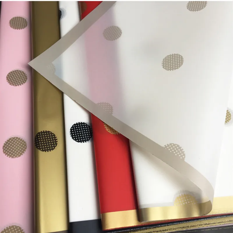 

20PCS Gold edge Frost Plastic Round Dots Flower Wrapping Paper Matte Waterproof Gift Bouquet Packaging Paper Christmas Paper
