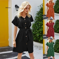 retro women party dress fashion single breasted solid v neck short sleeve summer dress plus size loose casual vestido beach robe