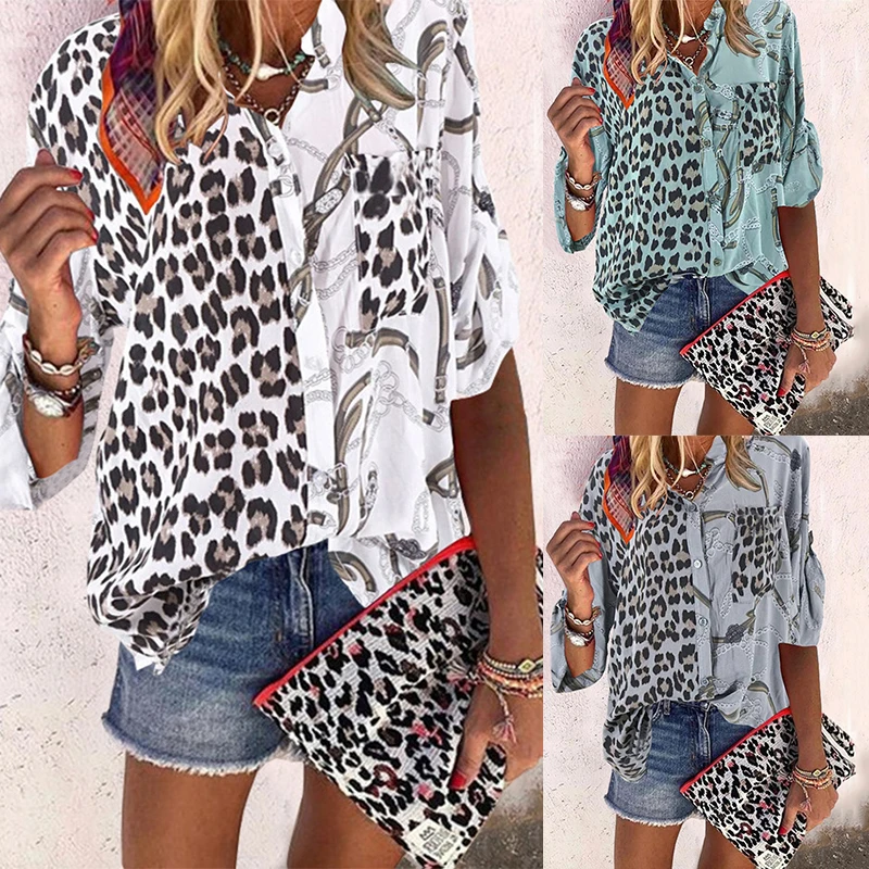 Женская Свободная блузка размера плюс 5XL рубашки в леопардовой раскраске с