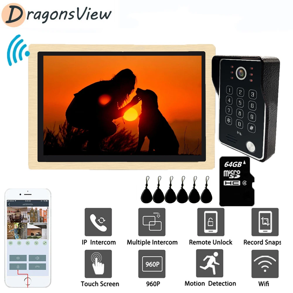 Видеодомофон DragonsView 10 дюймов Wi Fi 960P RFID|Видеодомофон| |