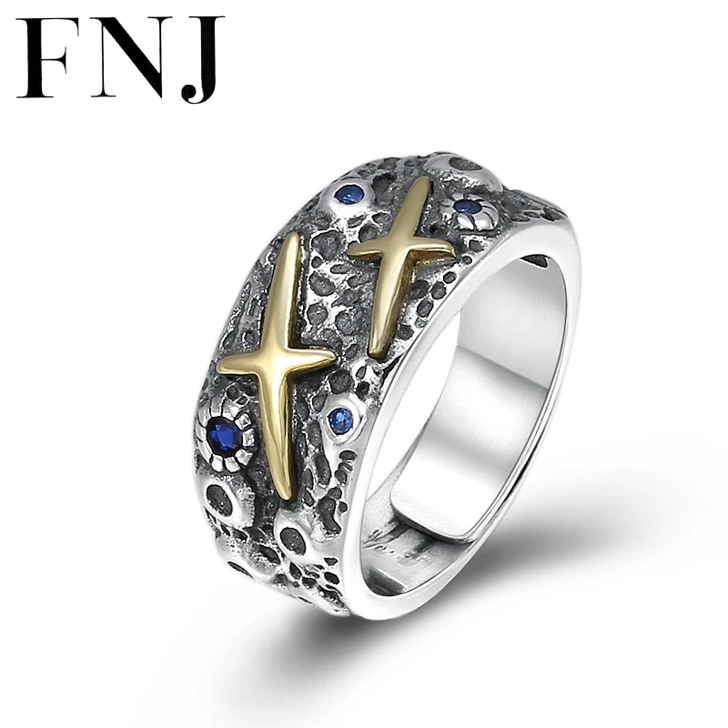 

FNJ Punk Cross Ring 925 Silver New Fashion Original S925 Sterling Silver Rings for Men Jewelry Adjustable Size Blue Zircon