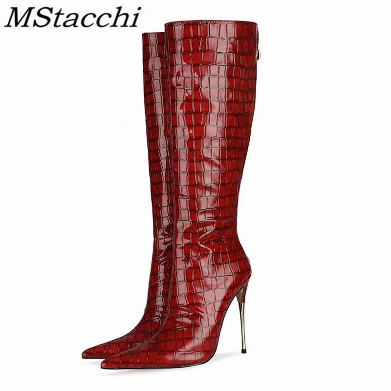 

MStacchi Novelty Thin Heel Woman Boots Back Zipper Golden Heel Crocodile Print Pointed Toe Shoes Pumps Knee-length Botas Mujer