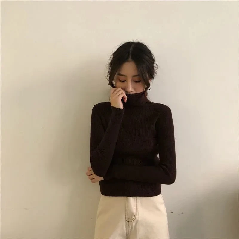 

Fashion All-Match Solid Basic Knitted Women Elastic Slim Cotton Turtleneck Knitwear Top Korean Elegant Long Sleeve Warm Sweater