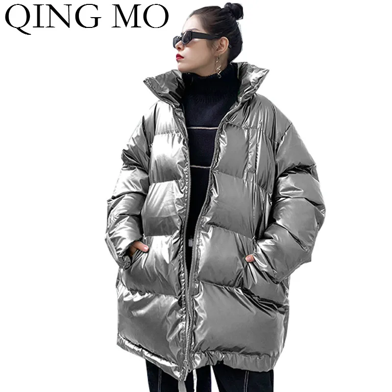 QING MO серая черная зеленая Женская Глянцевая хлопковая стеганая куртка 2020 Женское