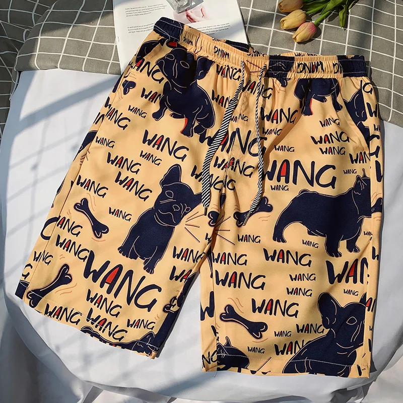 

2021 Summer Quick-Drying Fabric Men's Shorts Printed Beach Pants Loose Drawstring Knickers Male 13 Color Size M-5XL A321A-K320