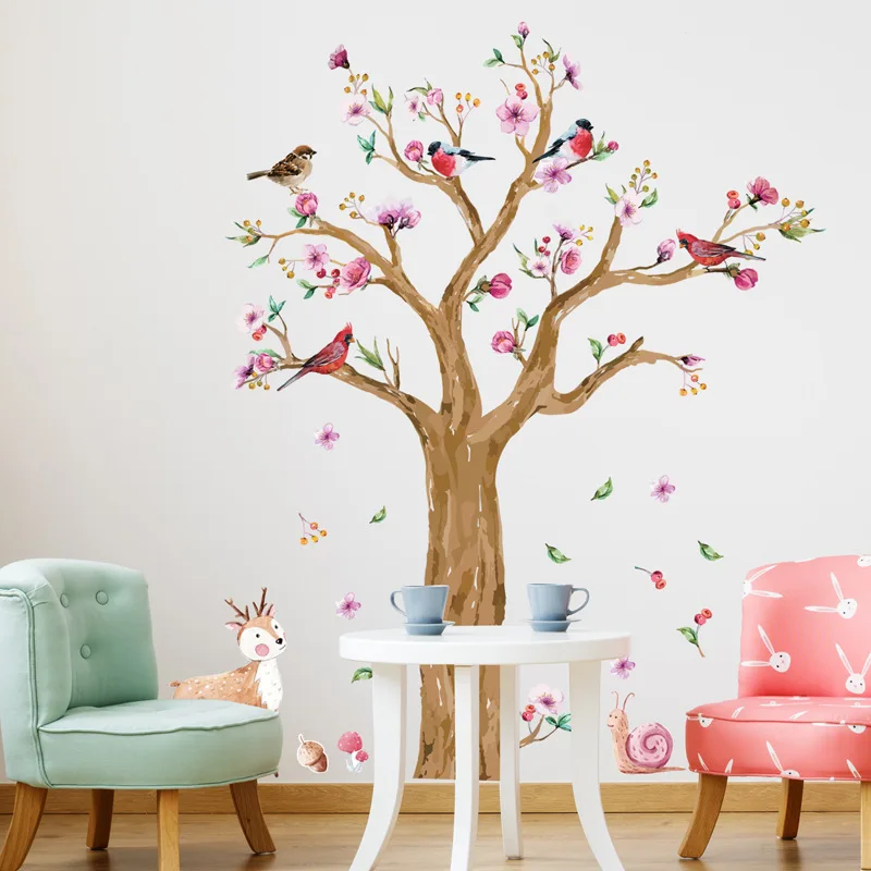 

Cartoon Animals tree wall sticker for Kids Room Hand Painted Birds Deer mamalook Lovely Flower Wall Decal mamalook