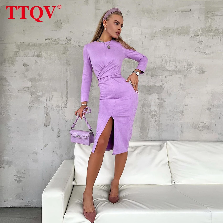 

TTQV Fashion O-Neck Lace-Up Elegant Dresses For Women Sexy Pink Long Sleeve Bodycon Dress Ladies Skinny Slit Party Midi Dress